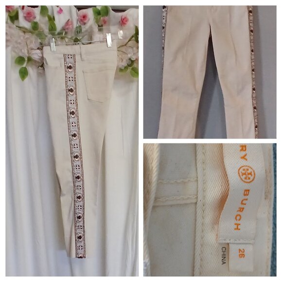 Tory Burch Cream Jeans with Embroidered Accents Size 26 - Picture 7 of 12